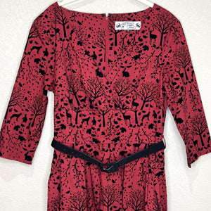 Hell Bunny Vixen Dress Medium Red Riding Hood Forest Print Pockets Belted Retro