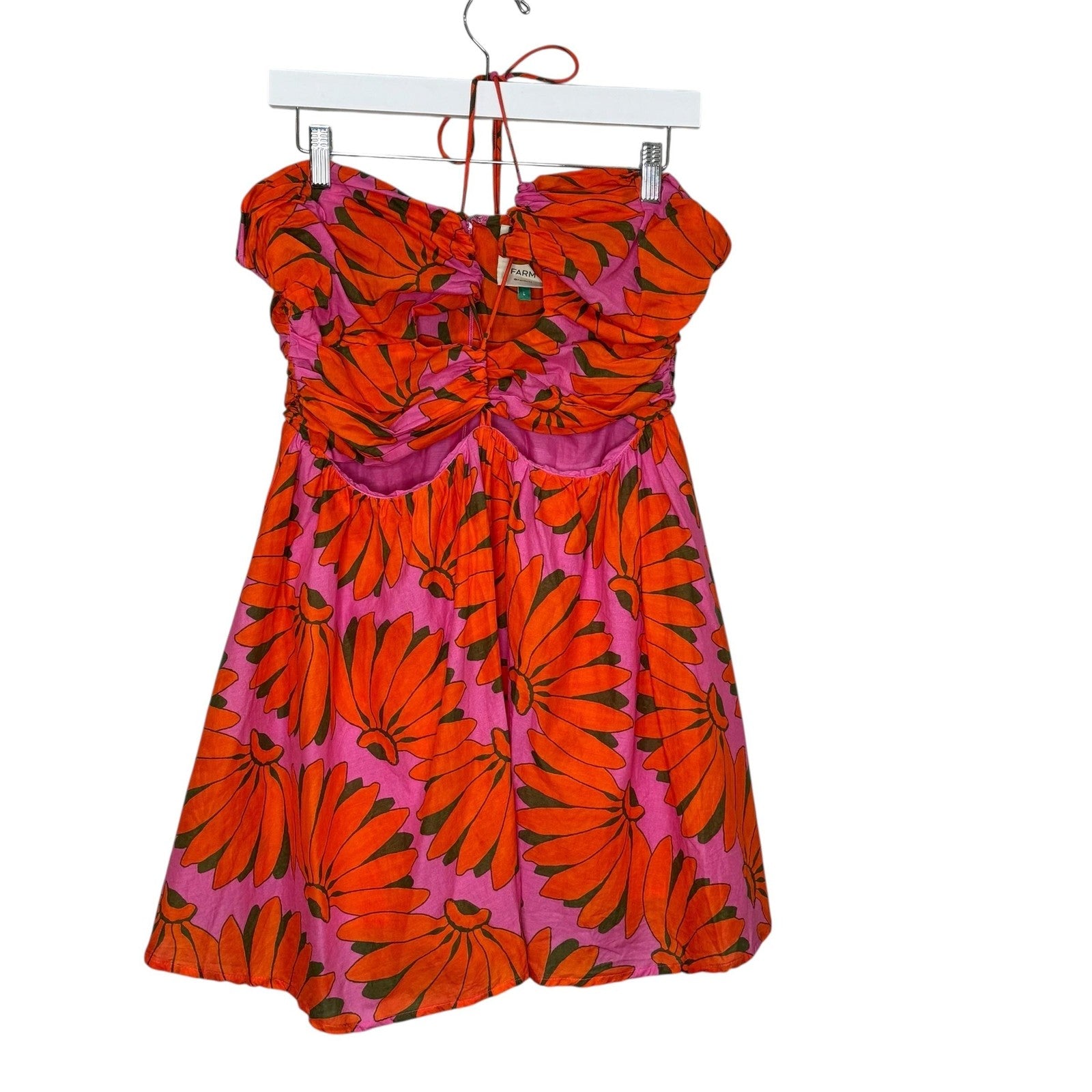 Farm Rio Dress Womens Large Pink Orange Floral Cutout Halter Mini Summer Beaded