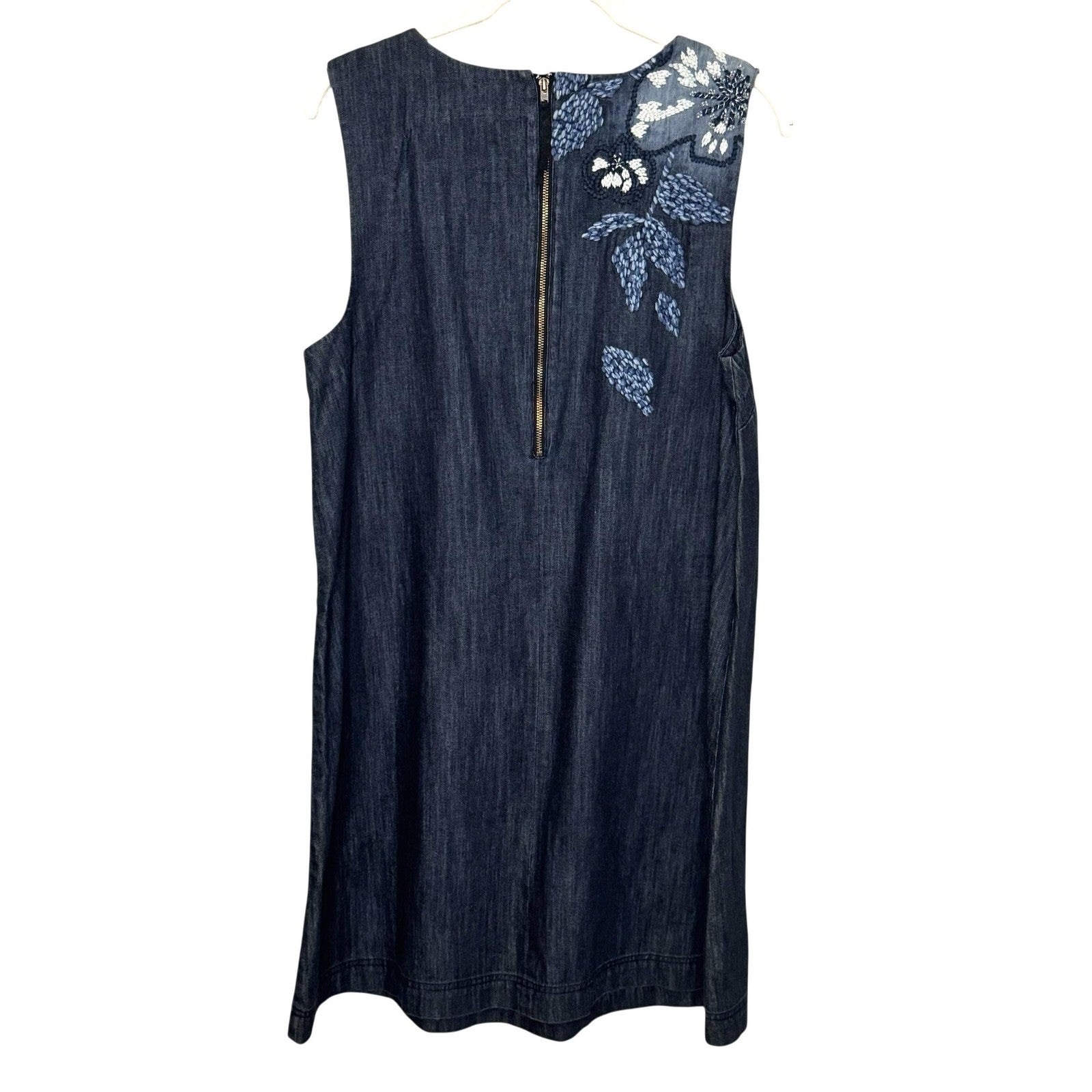 Holding Horses Dress Womens 8 Blue Denim Embroidered Floral Shift Anthropologie