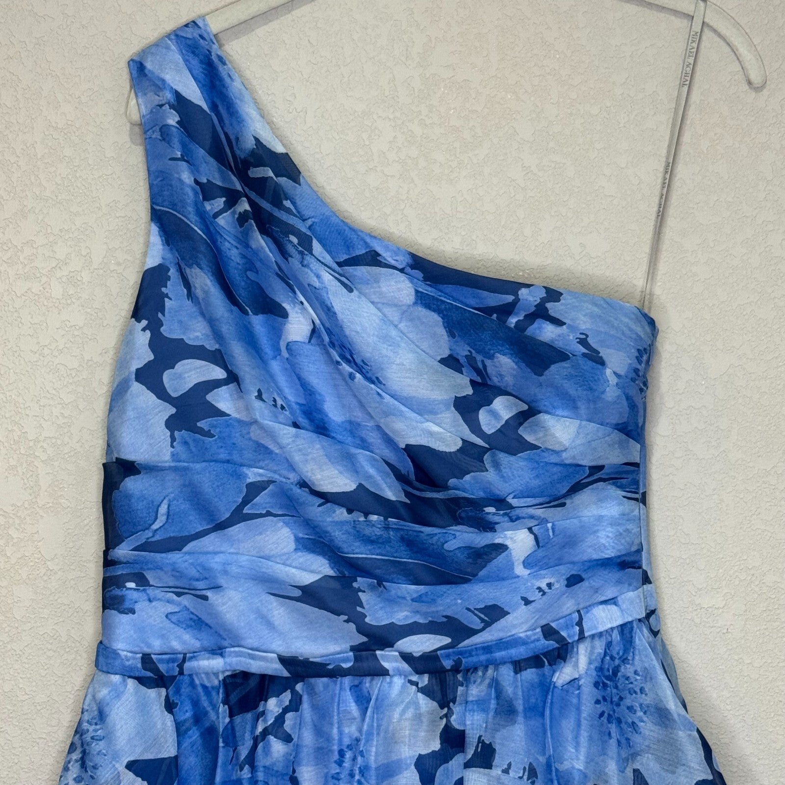 Mikael Aghal One Shoulder Gown Dress Blue Chiffon Coastal Black Tie Alt. Size 6