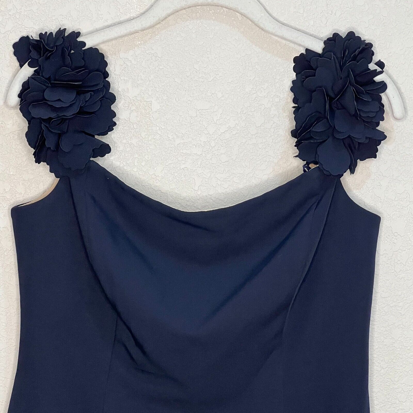 Marchesa Notte NEW Navy Blue Square Neck 3D Flower Strap Dress SIZE 8 $495