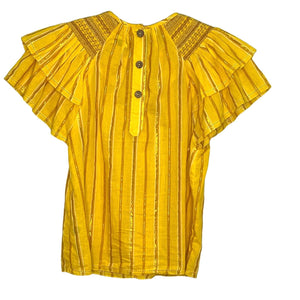 Saylor Yellow Metallic Lurex Stripe Short Sleeve Ruffle Top Blouse Size Small