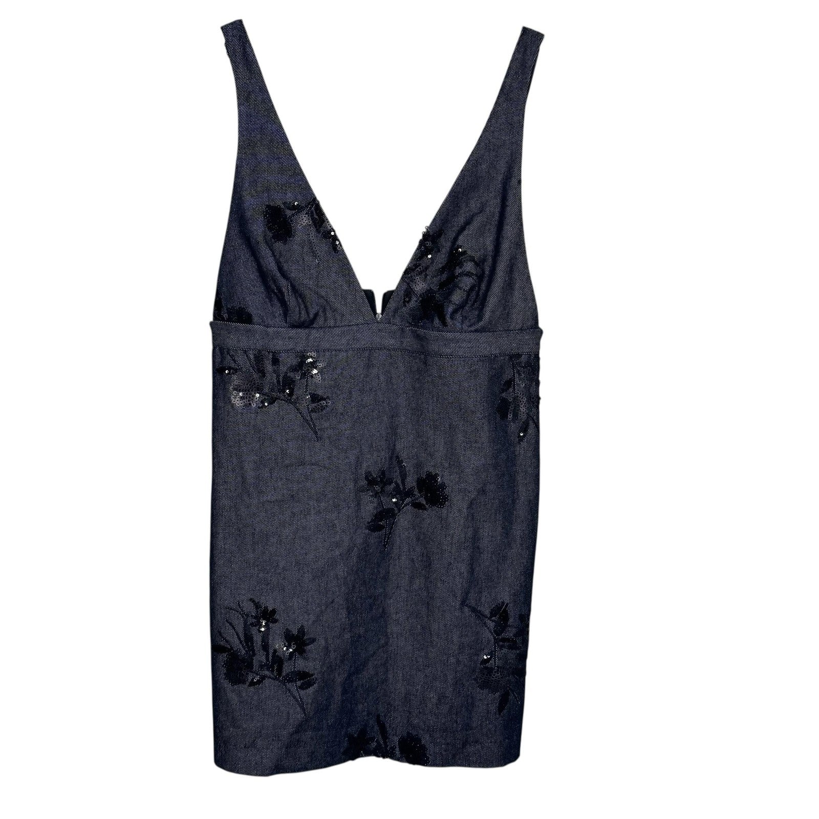 Zara Dress Womens Large Denim Sleeveless Deep V Neck Sequin Floral Mini Party