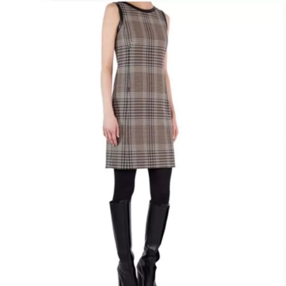 Akris Shift Dress Size Medium Sleeveless Plaid Print  Brown Tan Black