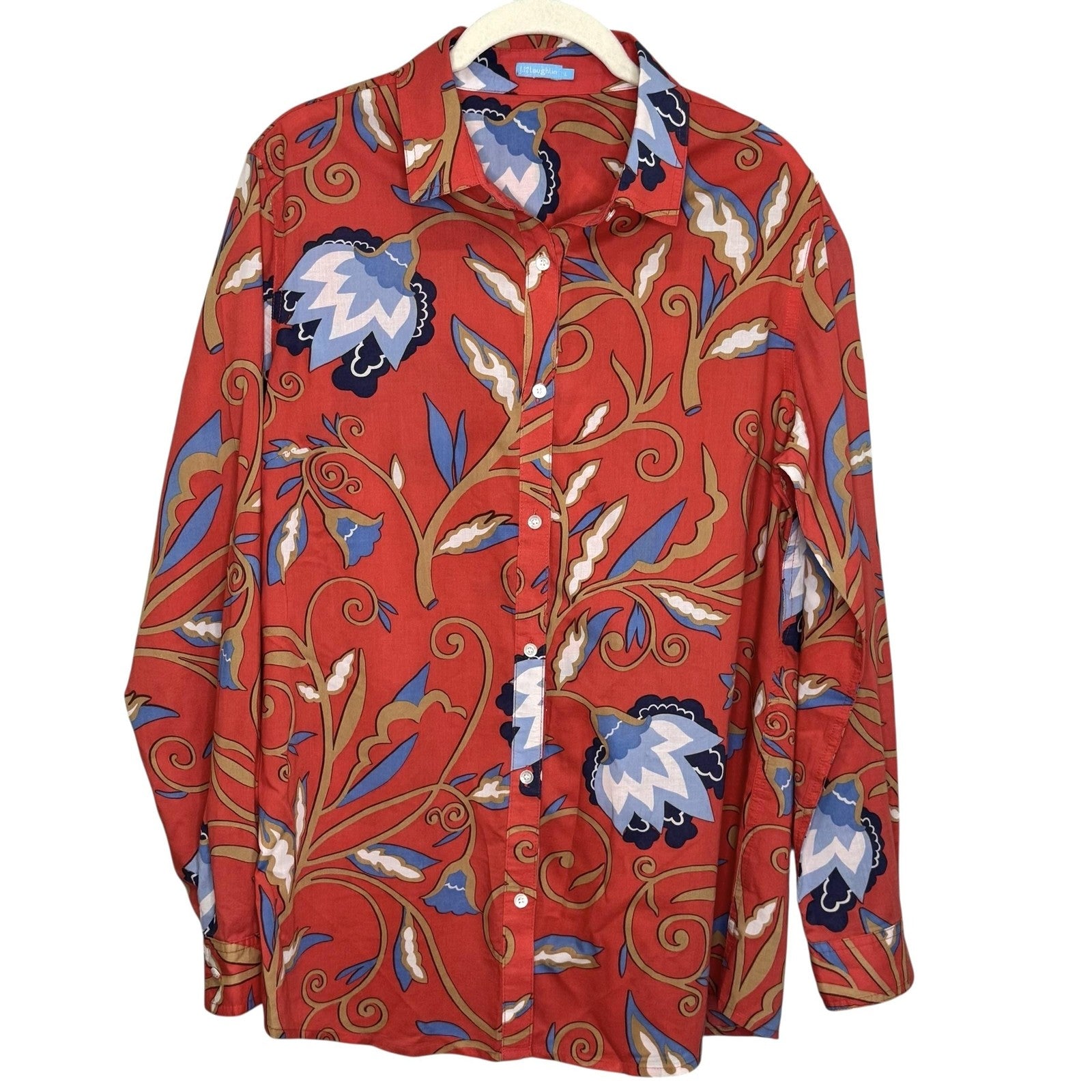 J McLaughlin Shirt Mens Large Red Blue Tan Floral Button Up Long Sleeve Cotton