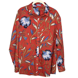 J McLaughlin Shirt Mens Large Red Blue Tan Floral Button Up Long Sleeve Cotton