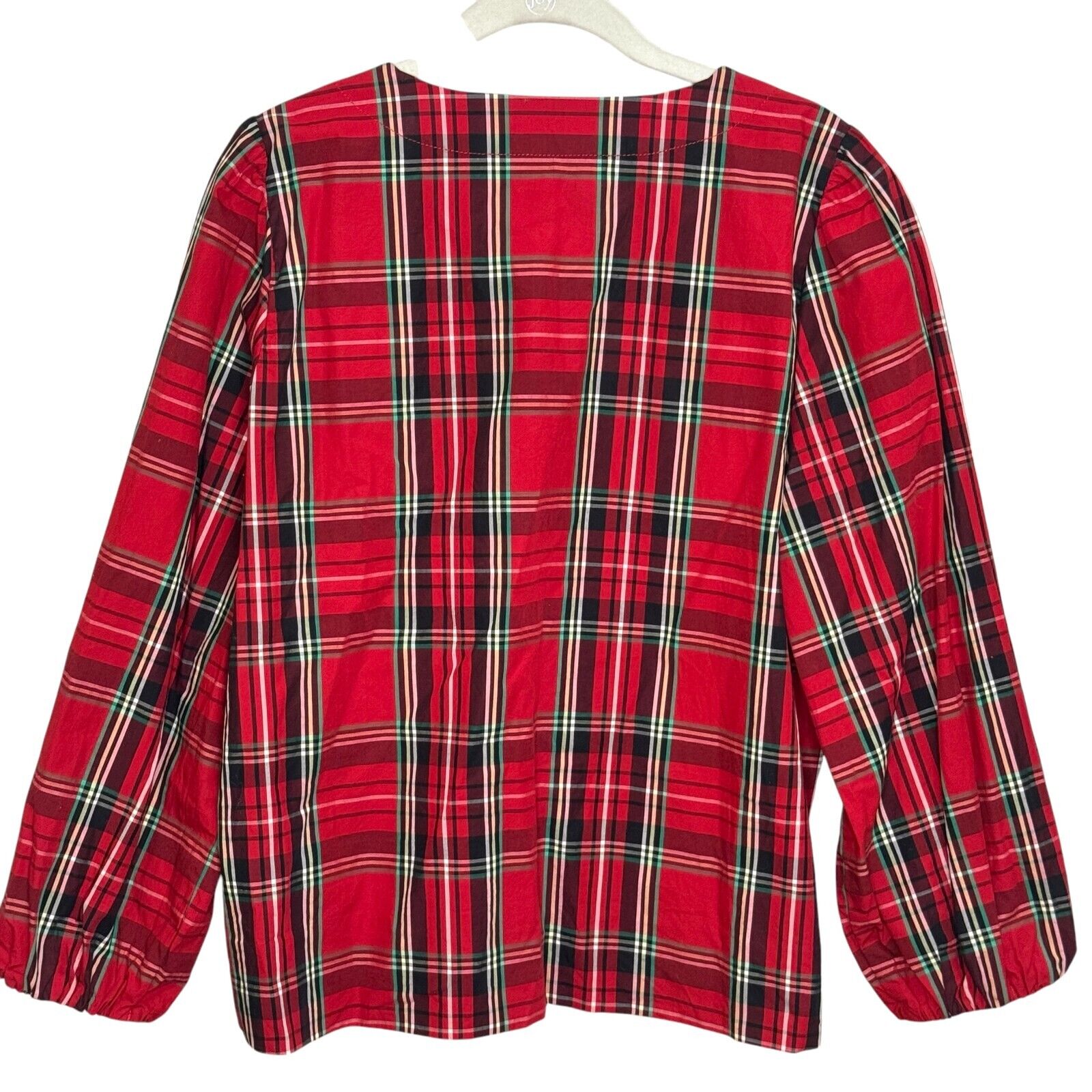 J Crew Holiday Top Blouse Size Medium Puff-Sleeve Poplin Good Tidings Red Plaid