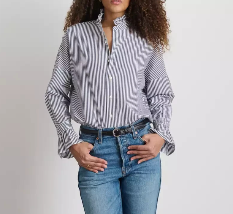 ALEX MILL Easy Ruffle Shirt Navy White Stripe Size Medium Oversized