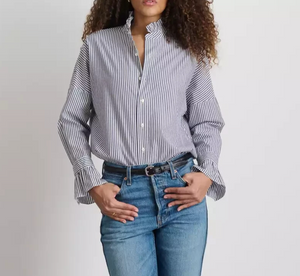 ALEX MILL Easy Ruffle Shirt Navy White Stripe Size Medium Oversized