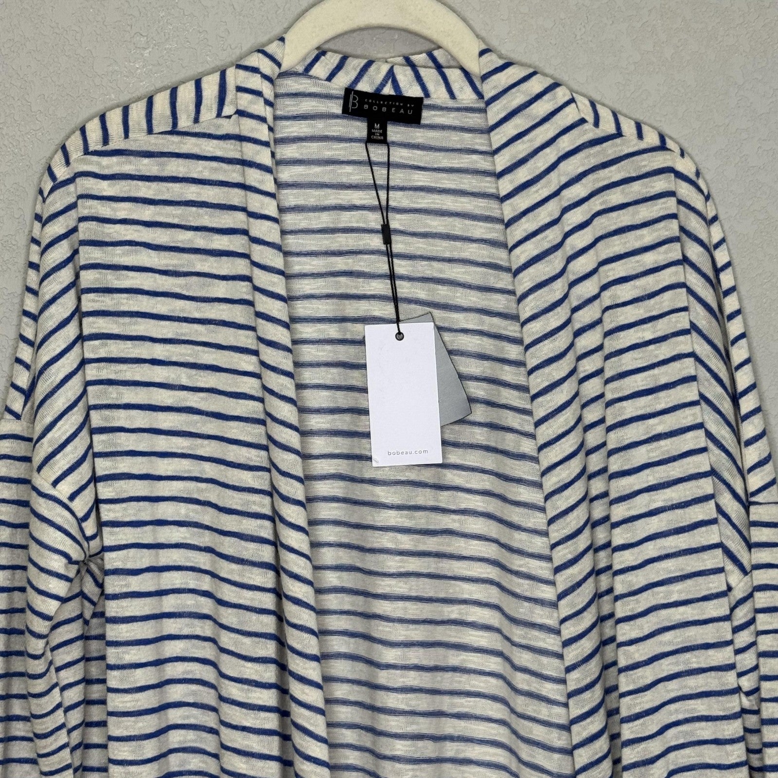 Bobeau Cardigan Womens Medium Blue White Striped Open Front Lightweight Sweater