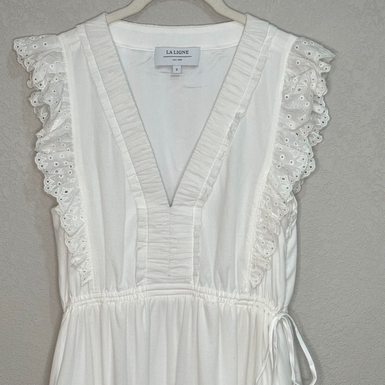 La Ligne White Dress Pointelle Marta V-Neck Ruffle Size Small $450