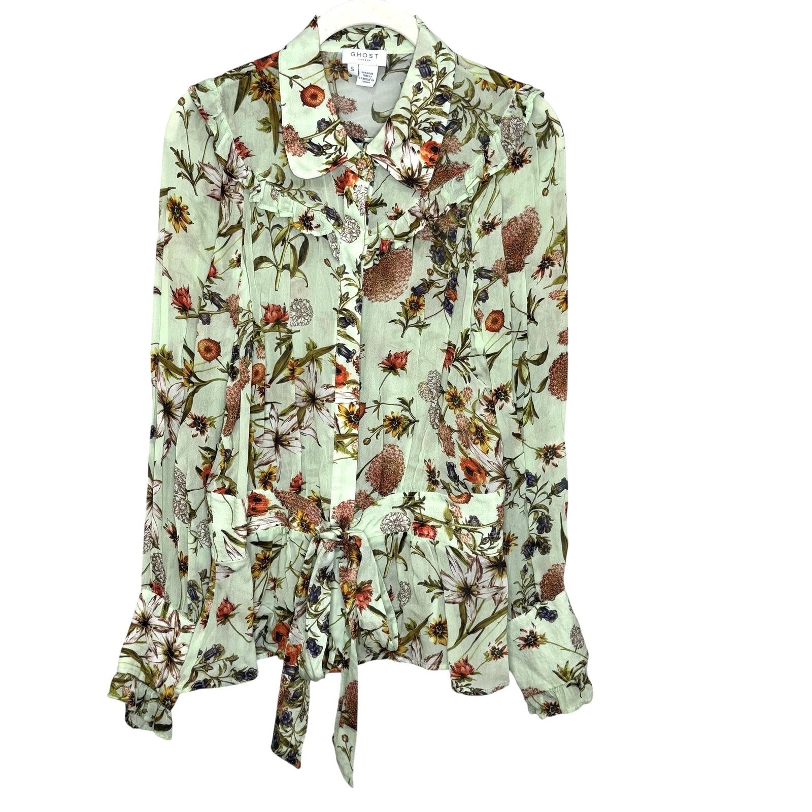 Ghost London Shirt Womens Small Green Floral Tie Waist Ruffle Sheer Blouse Top