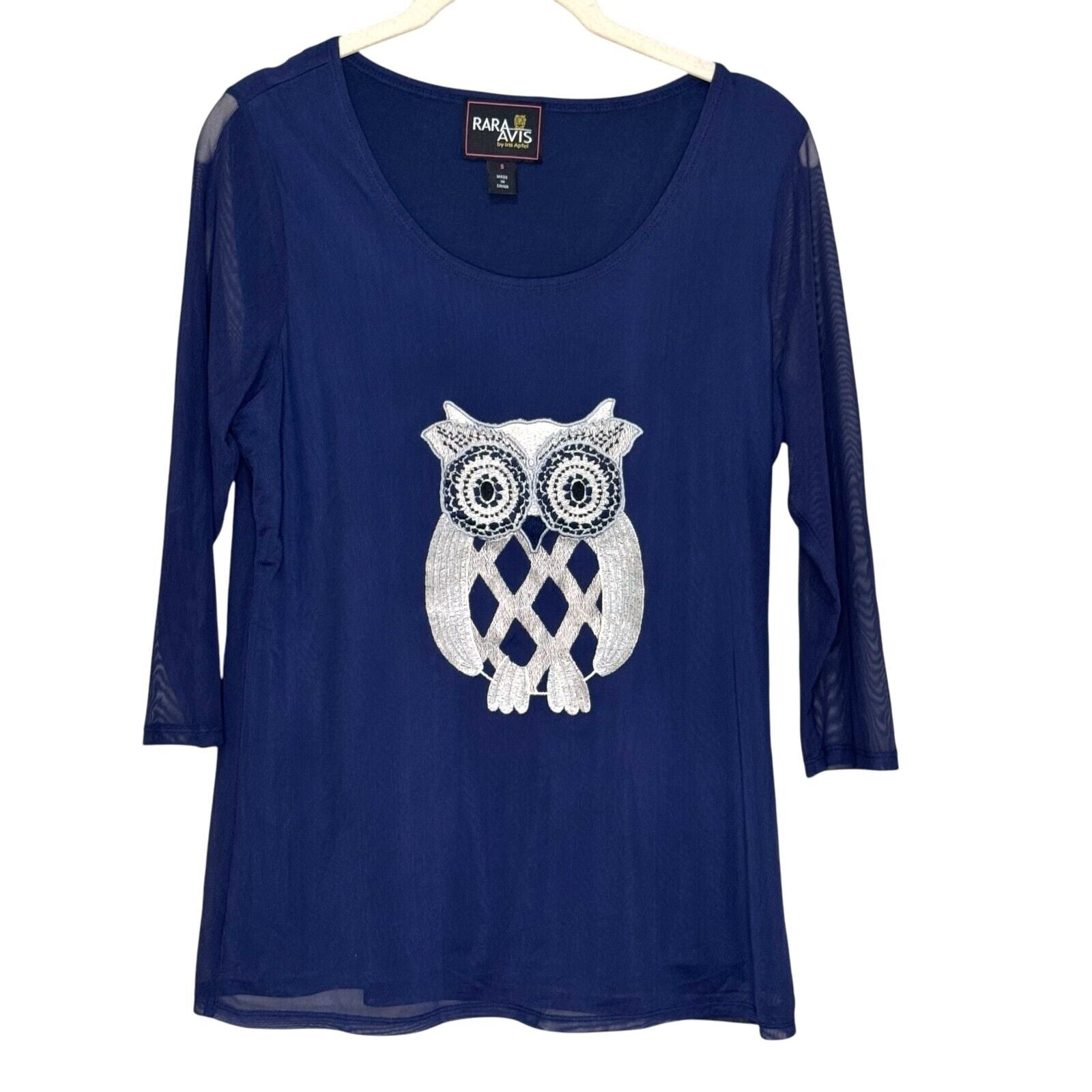 Rara Avis Iris Apfel Top Size Small Blue Embroidered Owl Chiffon