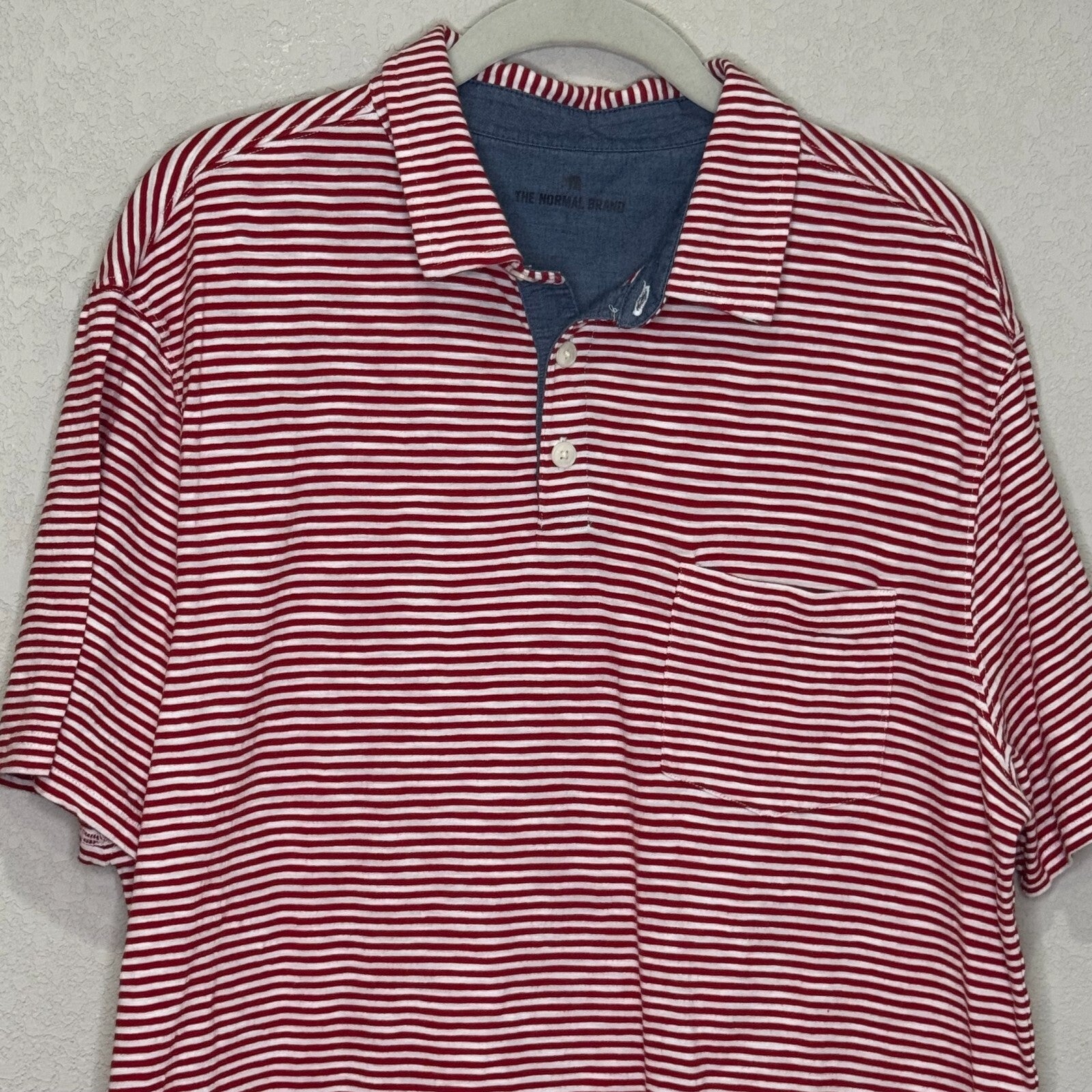 The Normal Brand Mens Red White Striped Polo Shirt Top Size Large