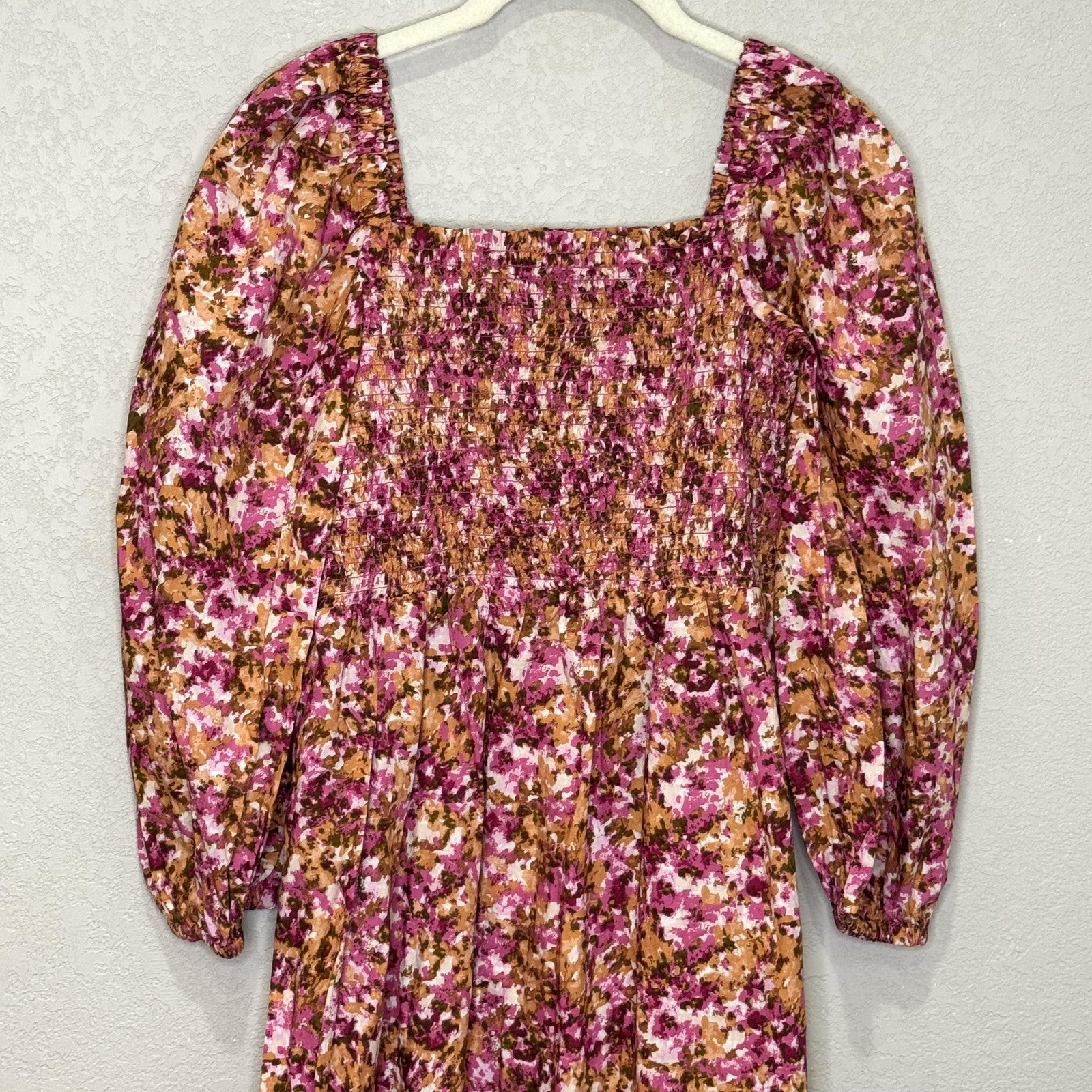 J Crew Dress Womens Small Pink Brown Floral Smocked Midi Long Sleeve $128