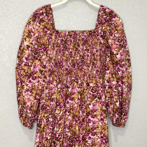 J Crew Dress Womens Small Pink Brown Floral Smocked Midi Long Sleeve $128