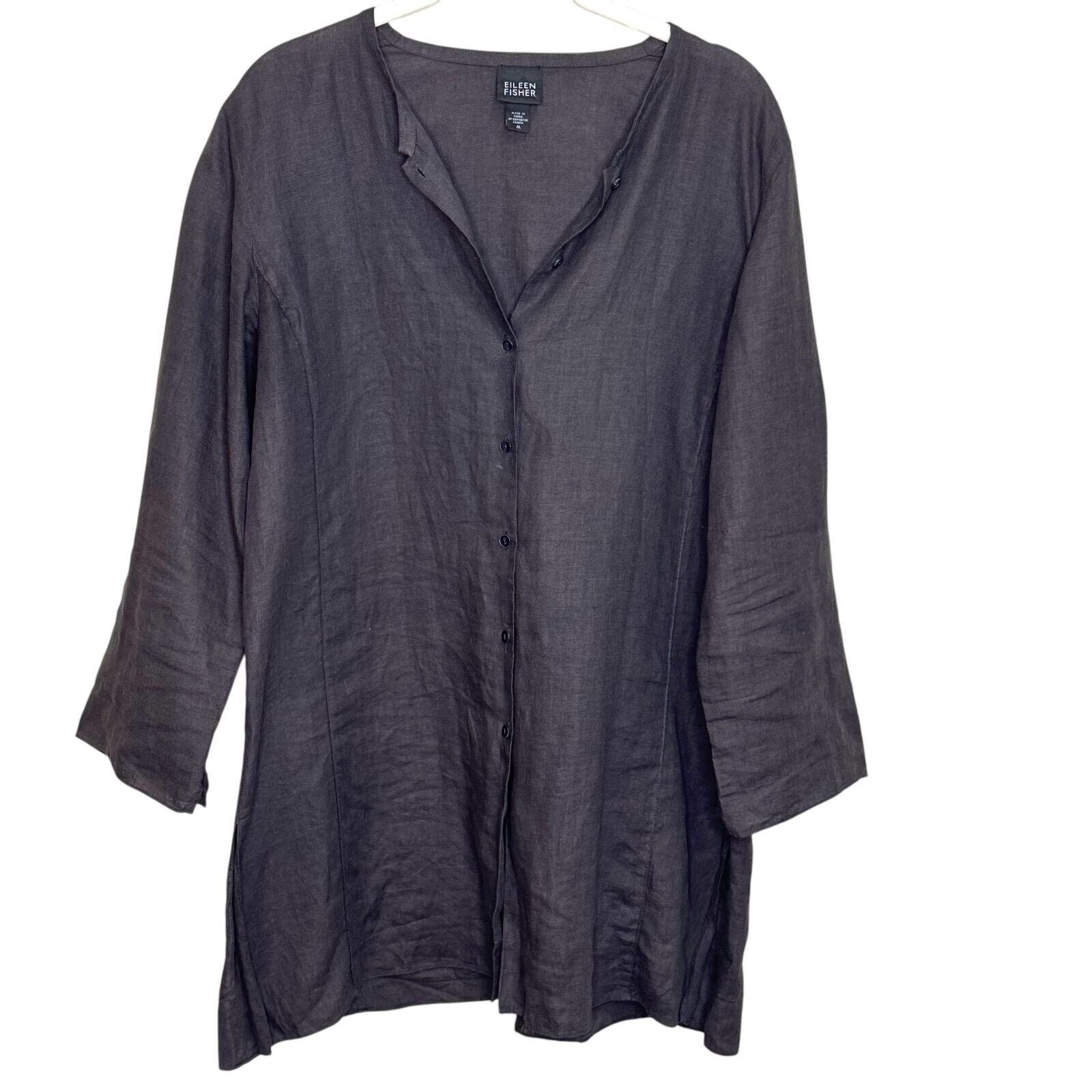 Eileen Fisher Irish Linen Tunic Shirt Size Medium Brown Charcoal Lagenlook