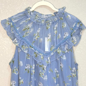 Ranna Gill Blue Floral Ruffle Neck Lavender Fields Blouse Size Large NEW $120