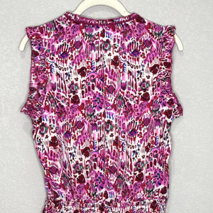 Avara Dress Womens Small Pink Purple Floral Ruffle Sleeveless Belted Tiered Boho