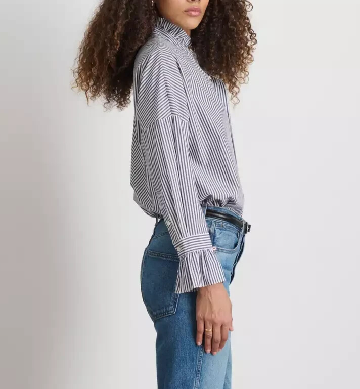 ALEX MILL Easy Ruffle Shirt Navy White Stripe Size Medium Oversized