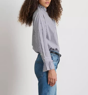 ALEX MILL Easy Ruffle Shirt Navy White Stripe Size Medium Oversized