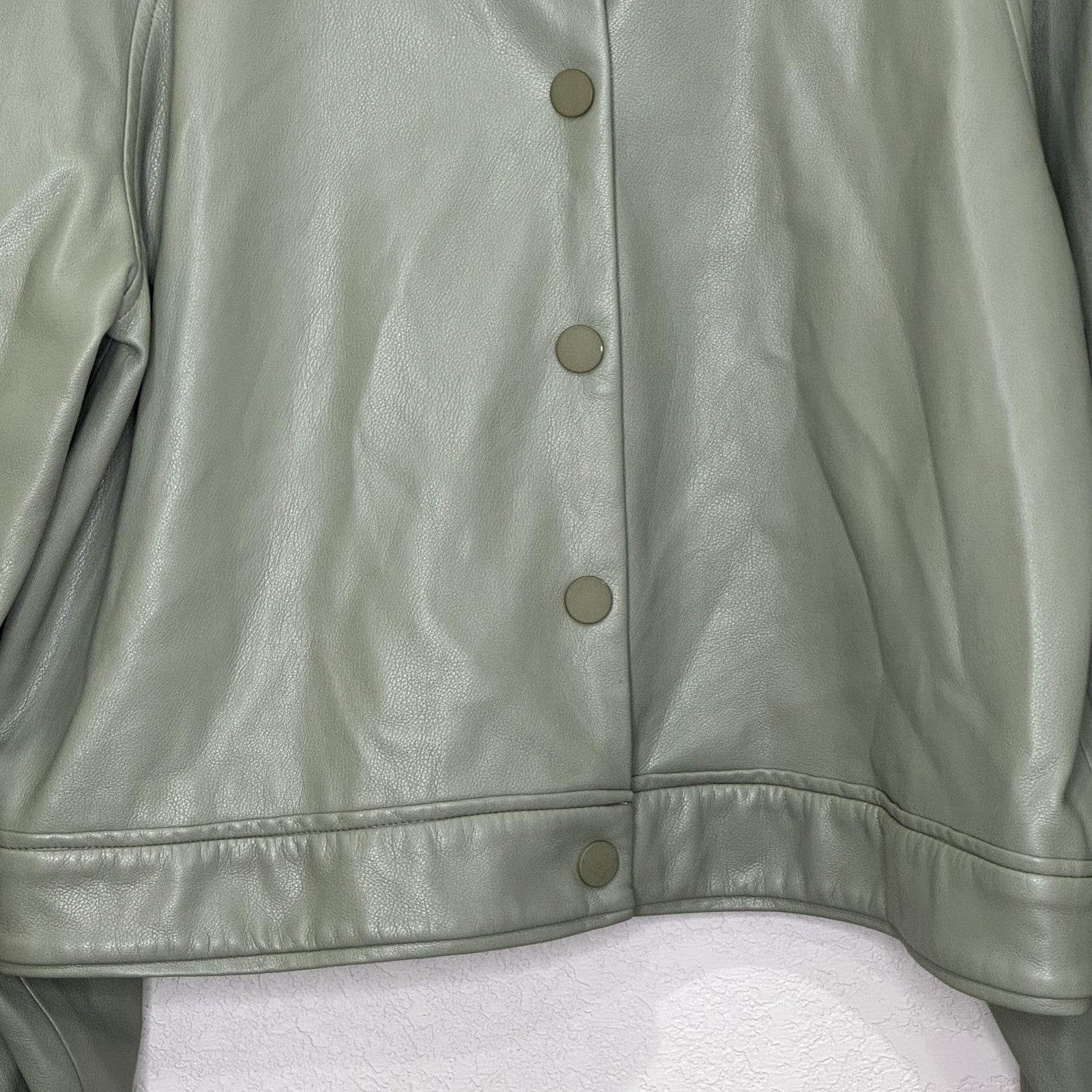 Alexis Jacket Womens Medium Sage Faux Leather Cropped Snap Front Puff Sleeves