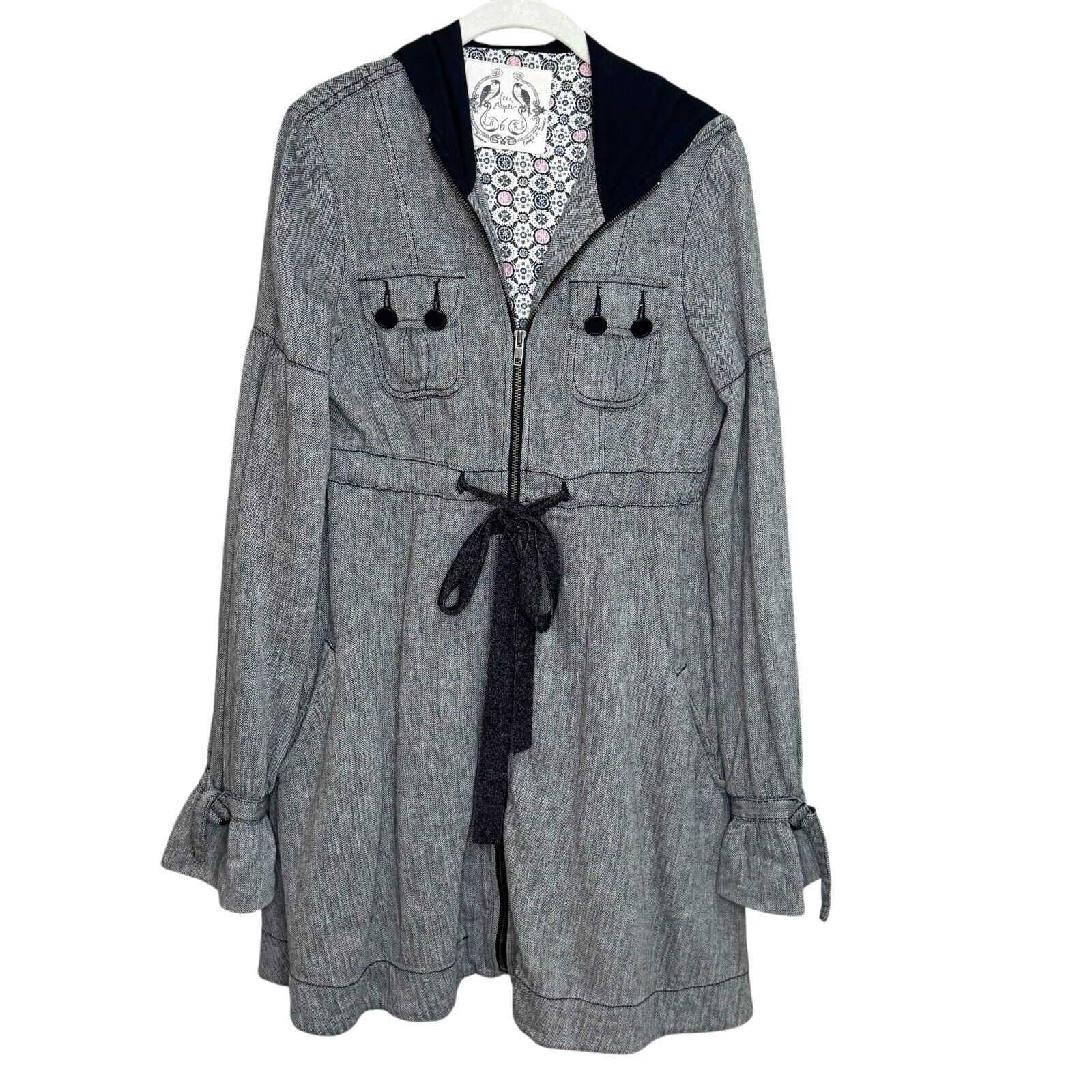 Free People Y2K Herringbone Jacket Coat Zip Up Tie Waist Linen Hooded Coat