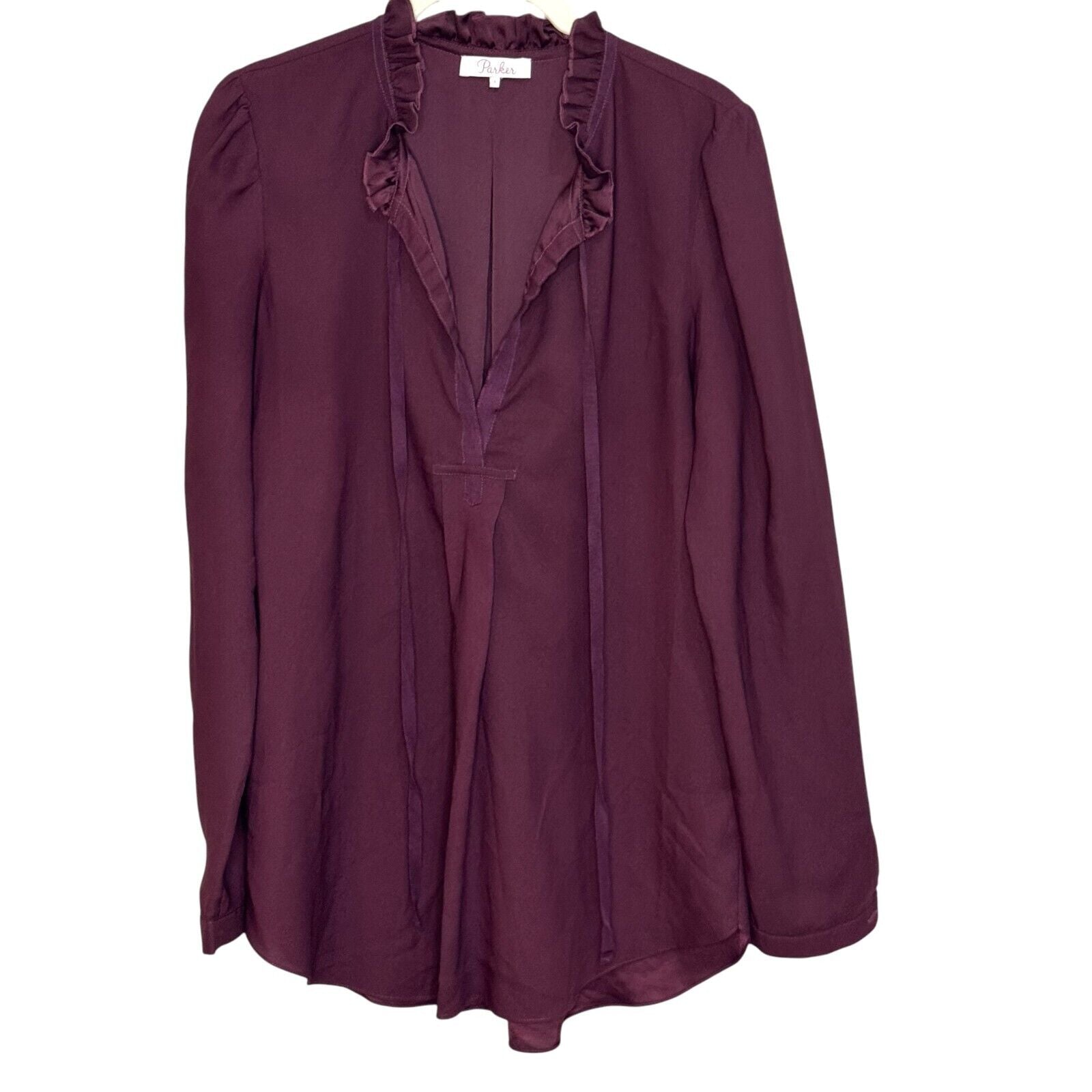 Parker Burgundy Ruffle Neck Tie Blouse Top Size Small