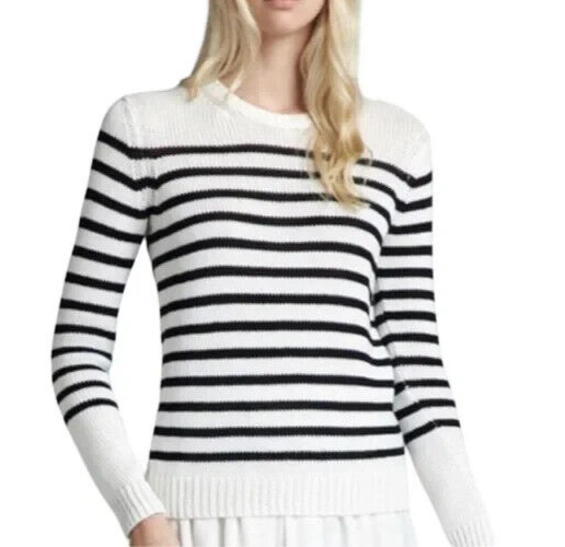 THEORY Poised Saida Striped Cotton Sweater Size Medium Navy Cream