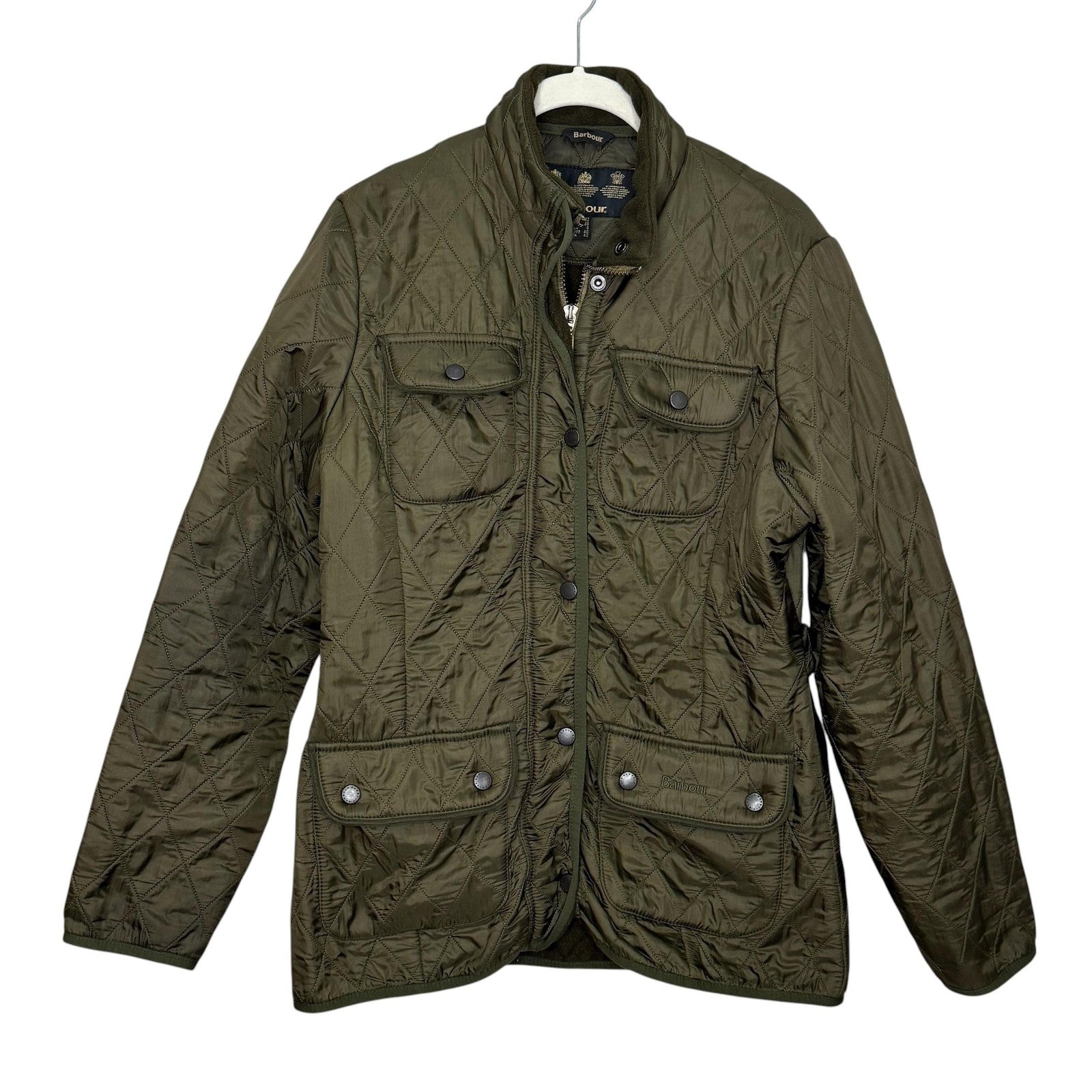 Barbour Quilted Jacket Womens 8 Olive Green Polarquilt Utility 4 Pocket Zip Snap