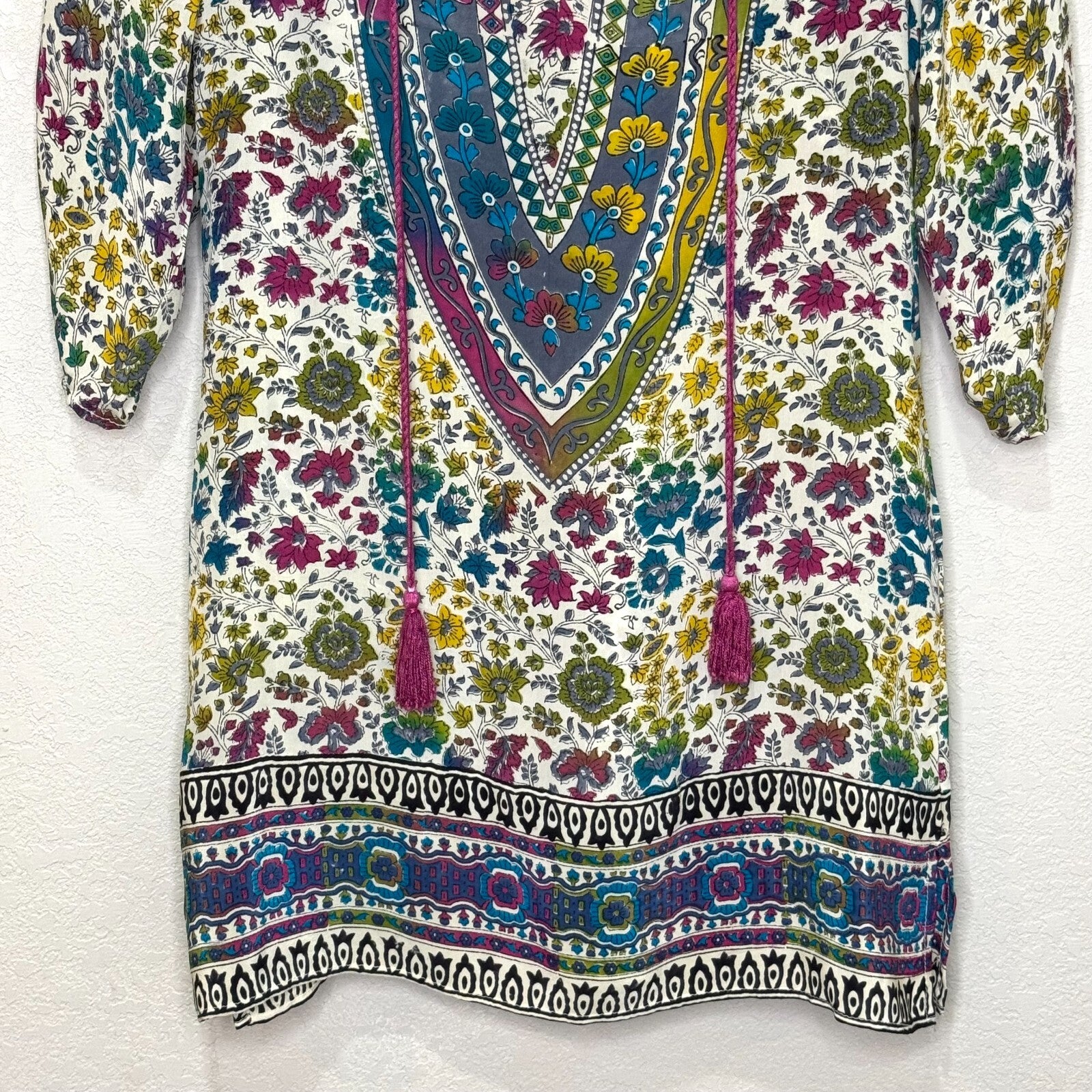 Tolani Silk Printed Madison Dress Tunic Top Size Small Boho Tassels V Neck