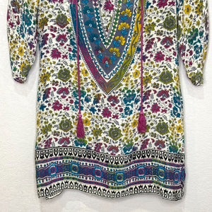 Tolani Silk Printed Madison Dress Tunic Top Size Small Boho Tassels V Neck