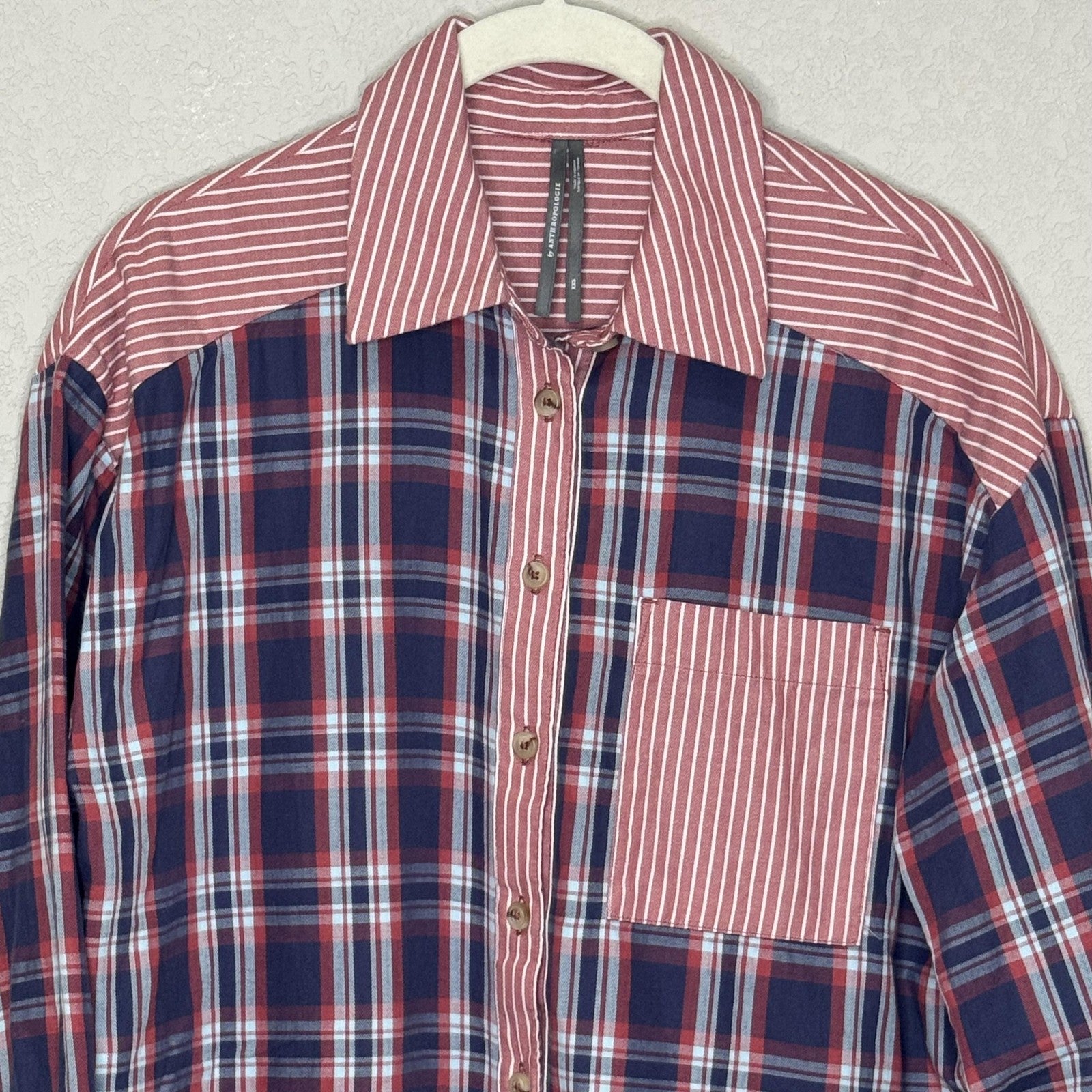 Anthropologie Shirt  XXS XS S Navy Red Plaid Stripe Button Front Oversized
