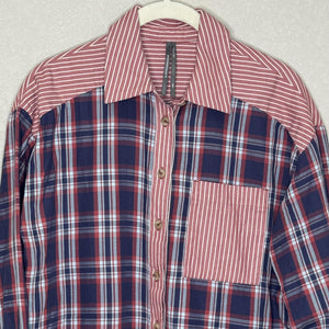 Anthropologie Shirt  XXS XS S Navy Red Plaid Stripe Button Front Oversized