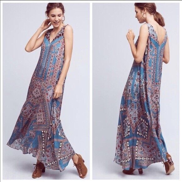 Anthropologie Hemant & Nandita Dress Size Small Blue Zarna Floral Maxi $228