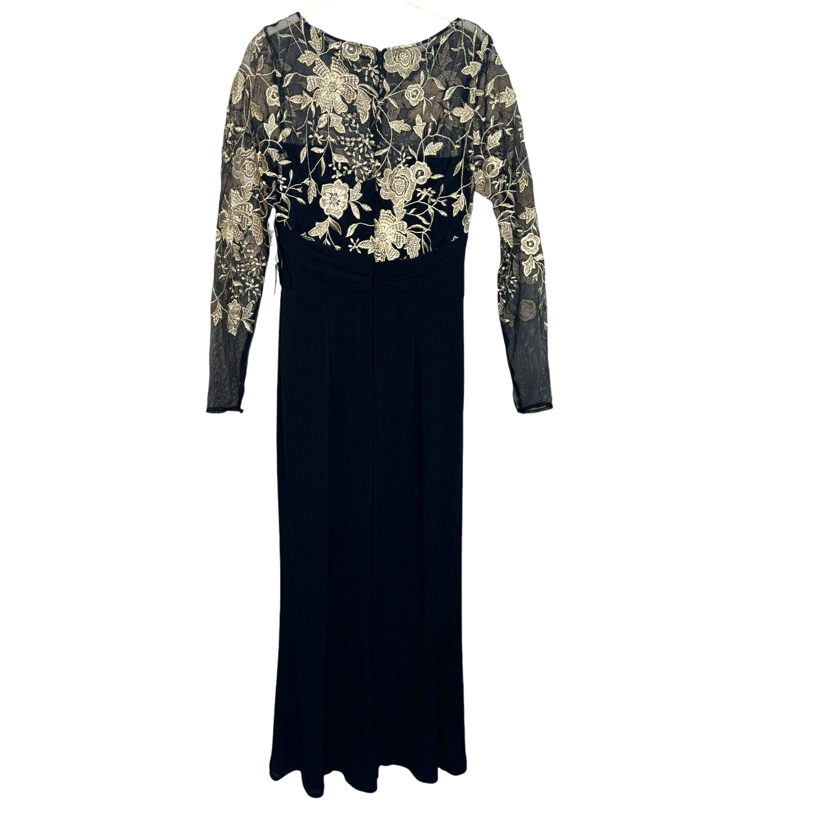 David Meister NWT Black Full Length Gown Gold Lace Illusion Floral Bodice Size 6