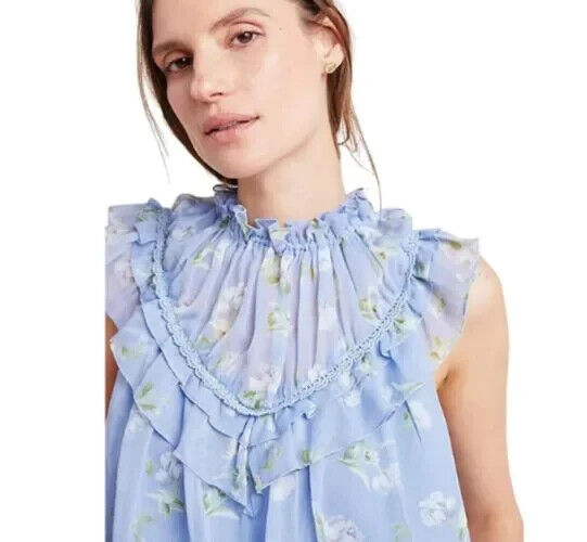 Ranna Gill Blue Floral Ruffle Neck Lavender Fields Blouse Size Large NEW $120