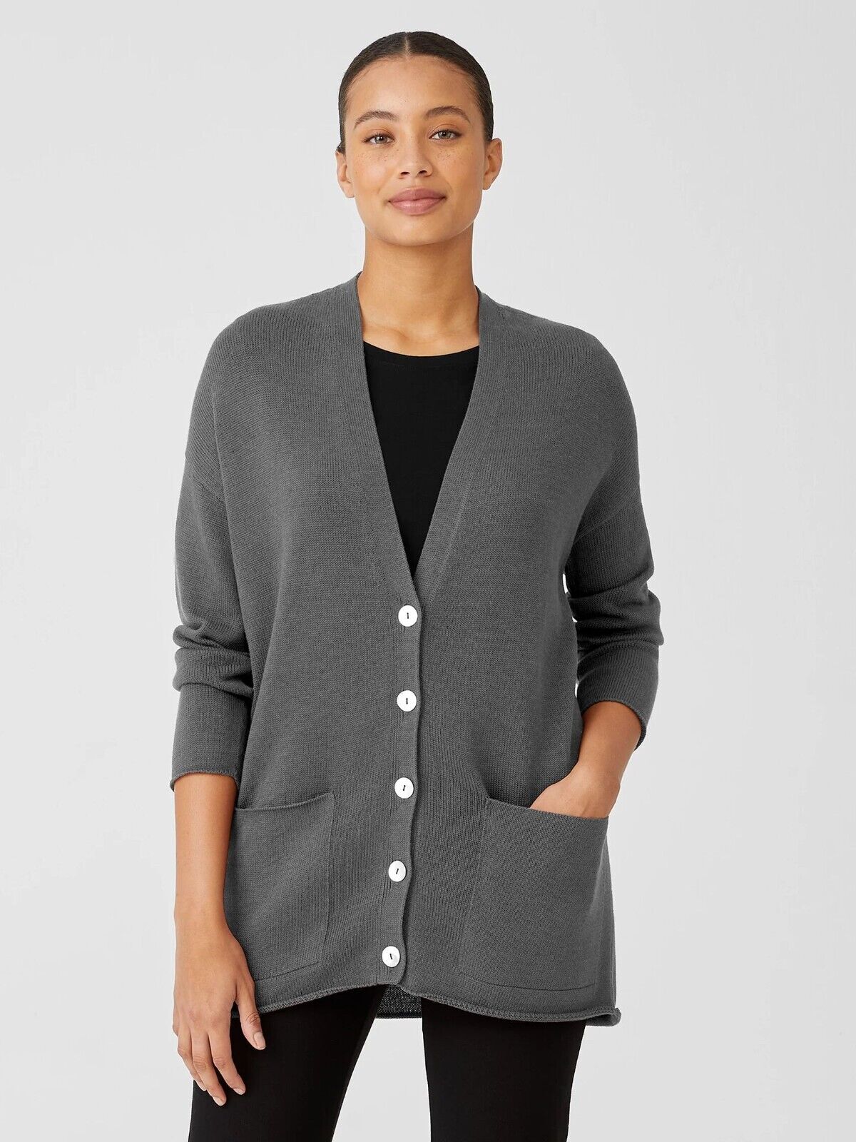 Eileen Fisher Peruvian Organic Cotton Blend V-Neck Cardigan Size Medium NEW $278