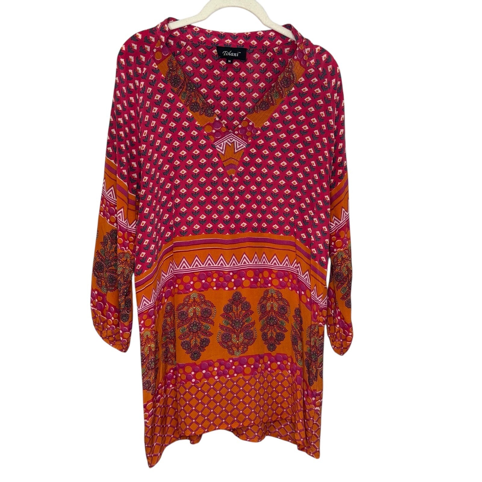 Tolani Silk Printed Dress Tunic Top Size Medium Pink Orange Boho V Neck