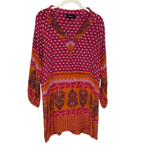 Tolani Silk Printed Dress Tunic Top Size Medium Pink Orange Boho V Neck