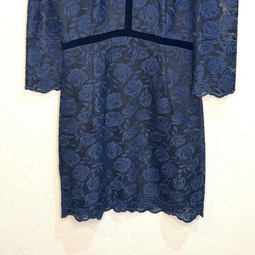 SANDRO Paris Dress Size 6 (2) Navy Blue Floral Lace Embroidered Puff Sleeve Mini