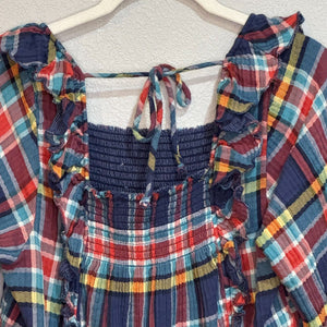 Free People We The Free Sienna Madras Plaid Ruffle Tie Back Pullover Top Size XS