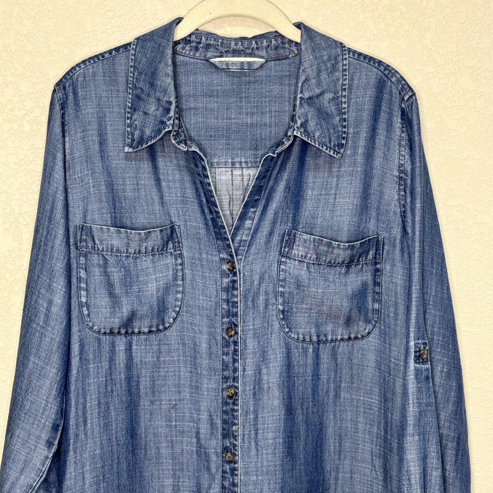 Soft Surroundings Shirt Dress Small Medium Blue Tencel Lyocell Denim Button Up
