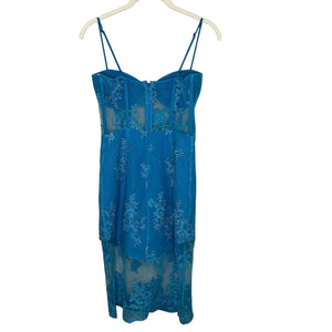 NBD Dress Womens XS Blue Lace Mesh Sheer Floral Embroidered Bustier Midi Strappy