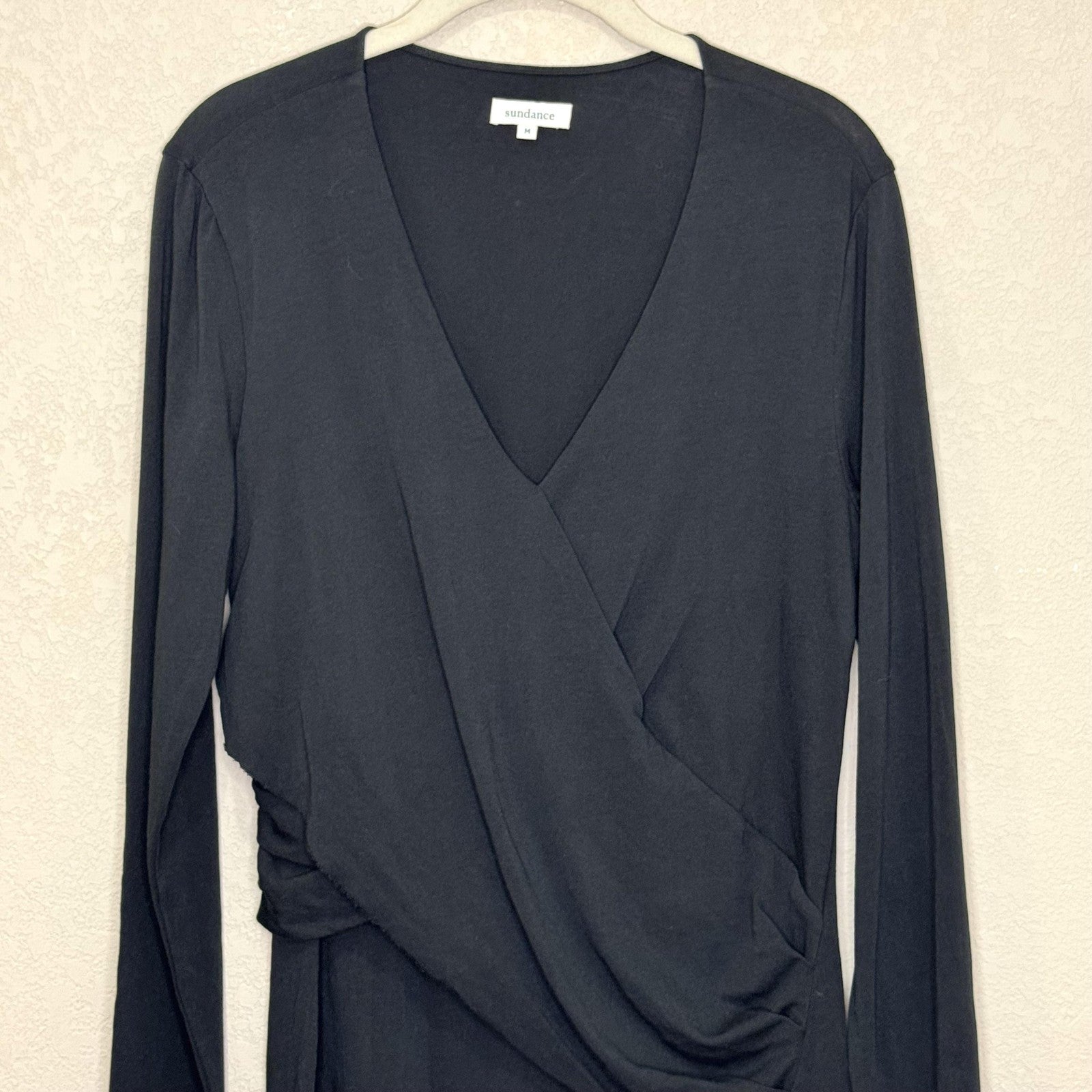Sundance Dress Medium Charcoal Black Long Sleeve Draped Waist Midi Modal Cotton