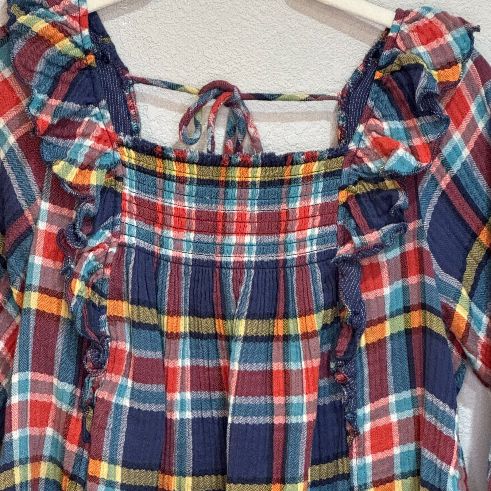 Free People We The Free Sienna Madras Plaid Ruffle Tie Back Pullover Top Size XS