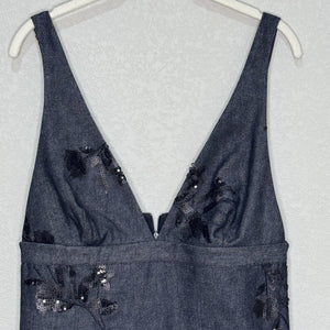Zara Dress Womens Large Denim Sleeveless Deep V Neck Sequin Floral Mini Party