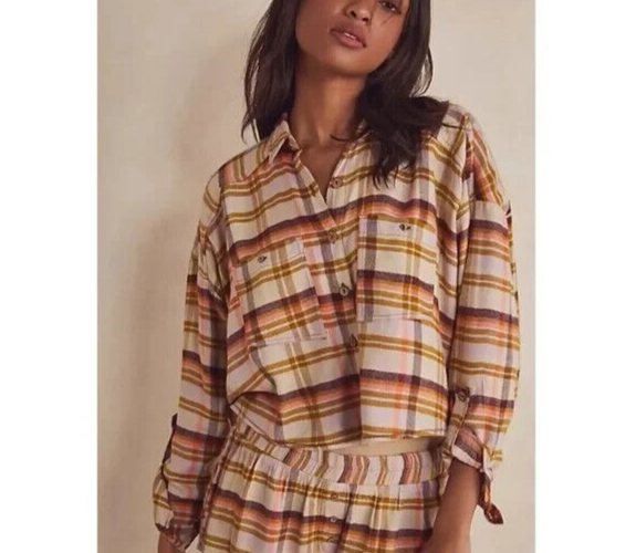 Free People Plaid Flannel Cropped Button Down Shirt Size XS