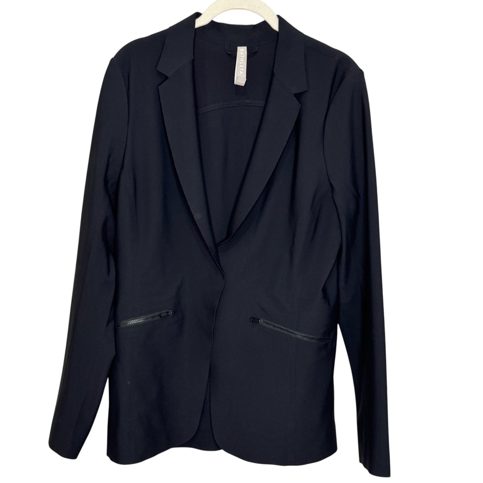 Athleta Blazer Womens 10 Black Performance Stretch Open Front Zip Pockets