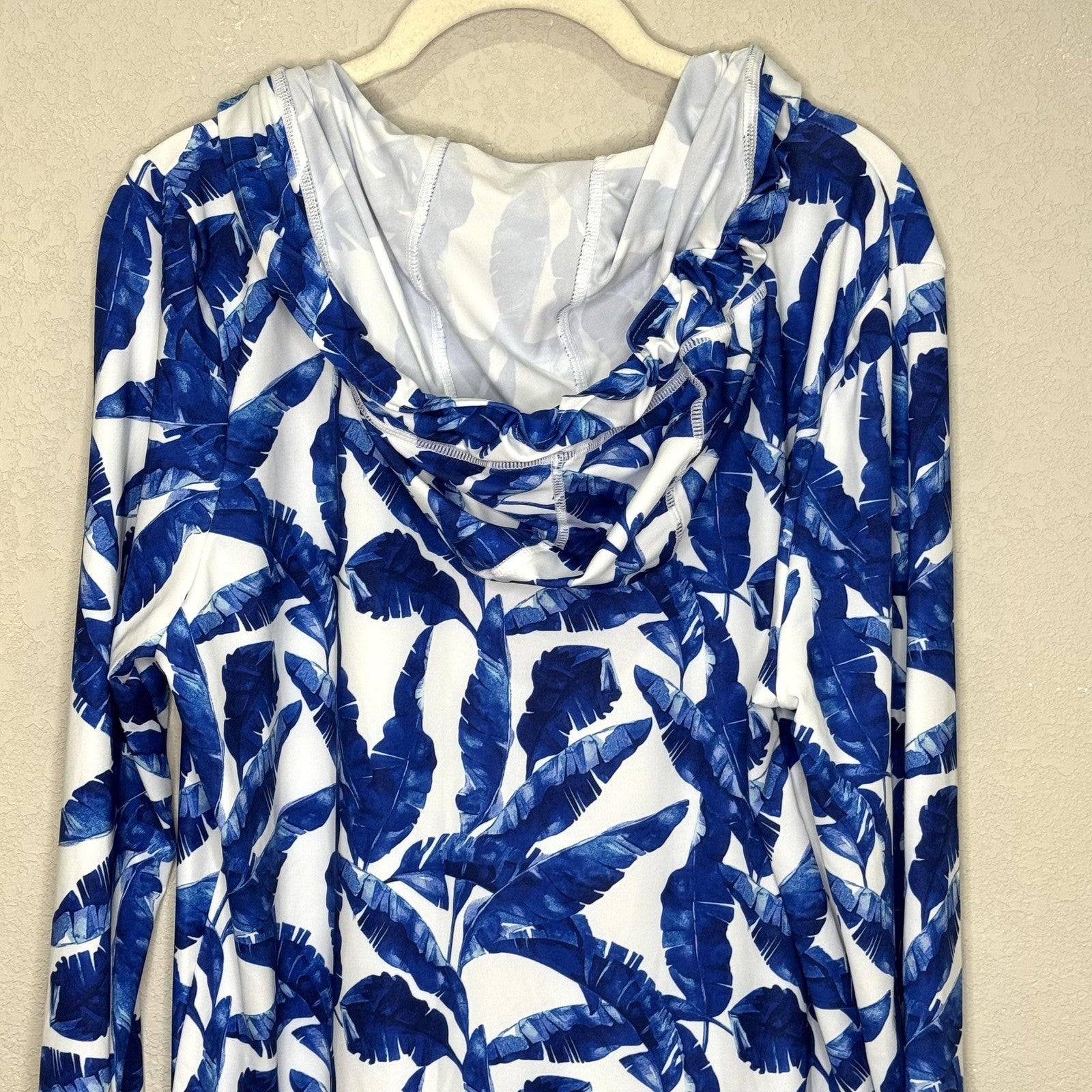 Cabana Life Cover Up Womens Large Blue Palm Print Hooded UPF 50+ Long Sleeve